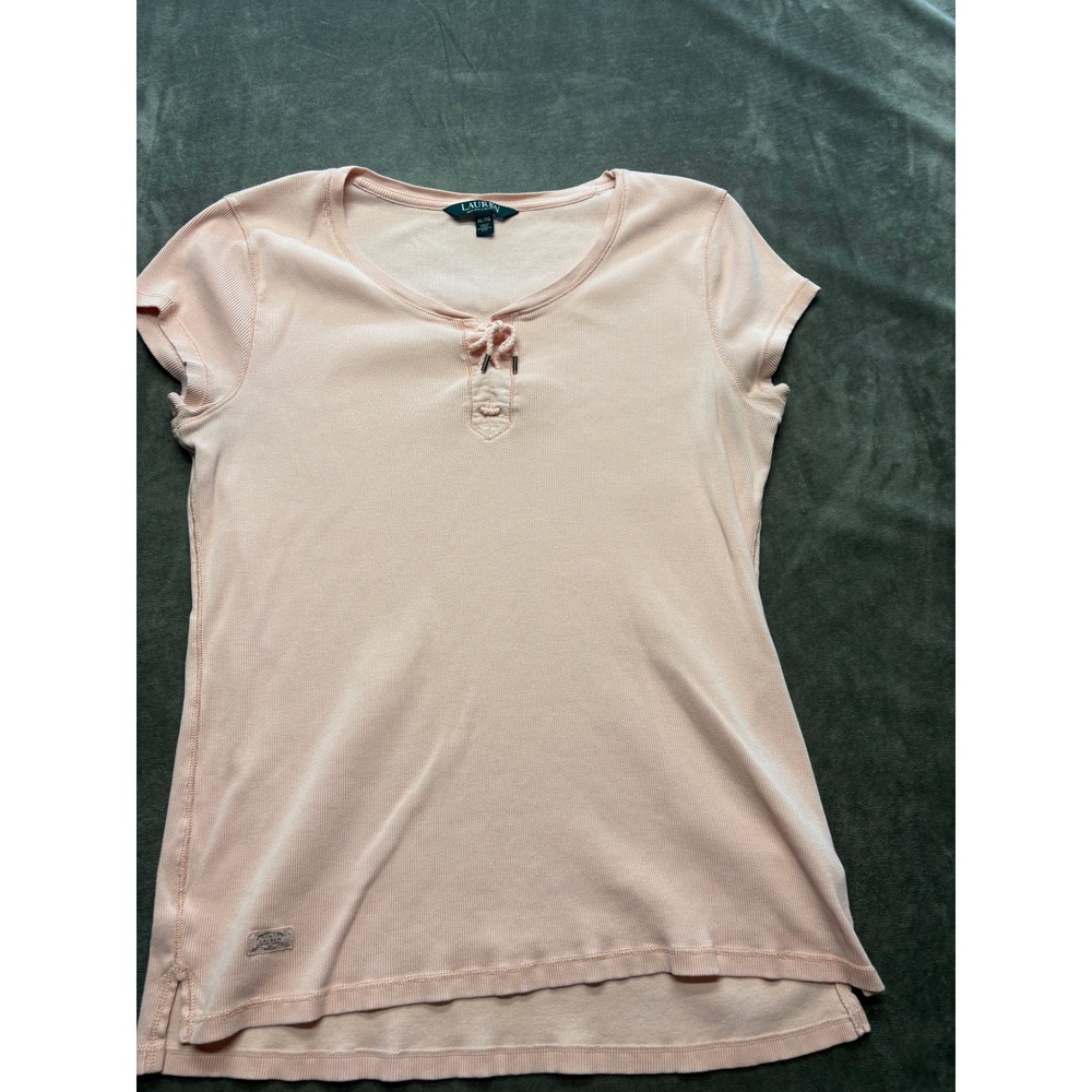 Lauren Ralph Lauren Women's Pink Ribbed Henley T Shirt‎ XL TG Lace Up Detail